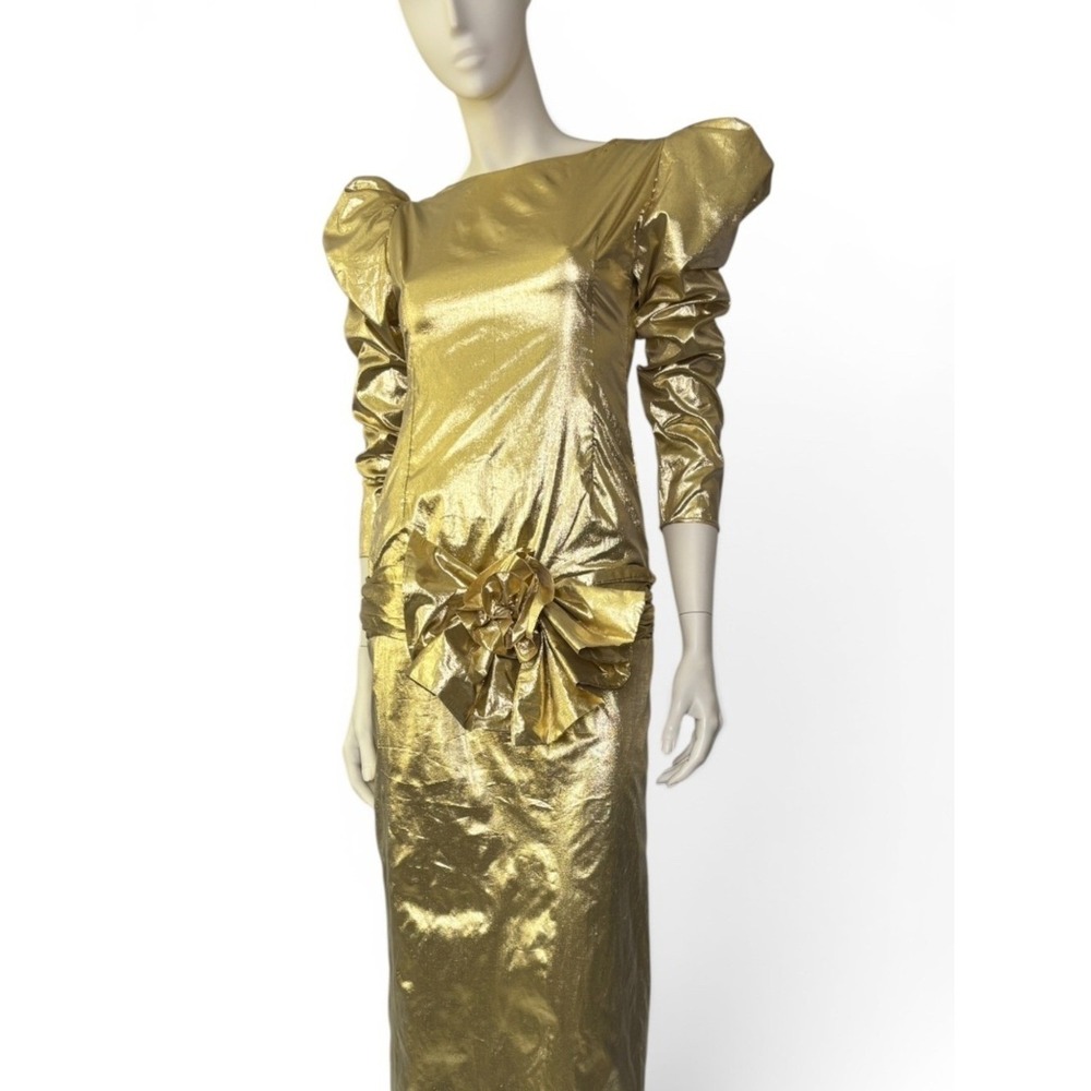1980's Liquid Gold Lamé Evening Gown with Dramatic Puff Sleeves & Statement Bow